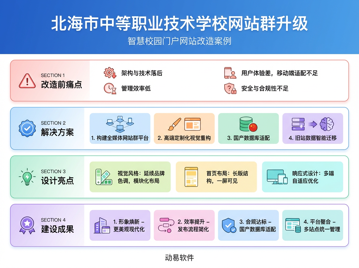 北海市職業(yè)技術(shù)學(xué)校網(wǎng)站群升級信息圖